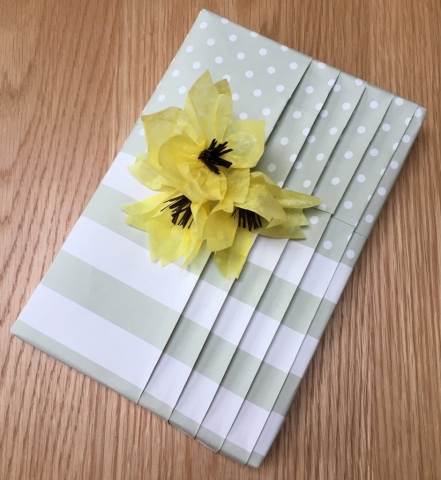 Japanese pleating with a pocket using Jane Means giftwrap with decorative paper flowers