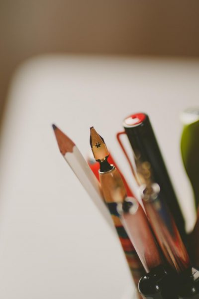 A pot of pens used by Creative Calligraphy founder Angela Reed