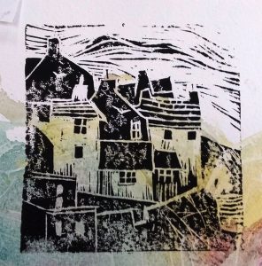Black & white lino cut design from a Carrie Dennison Workshop